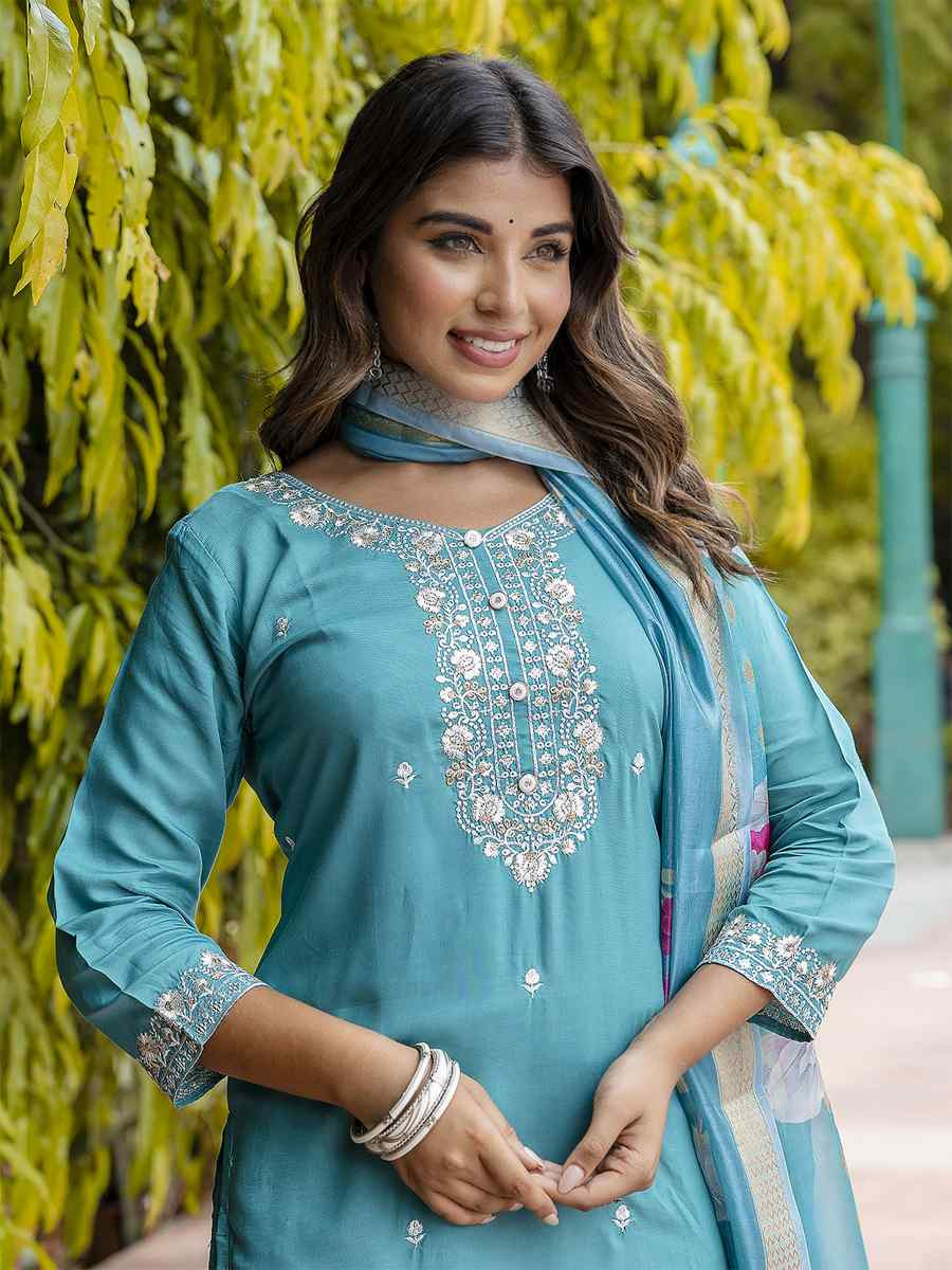 Blue Viscose Roman Silk Embroidery Party Wedding Festival Casual Ready Pant Salwar Kameez