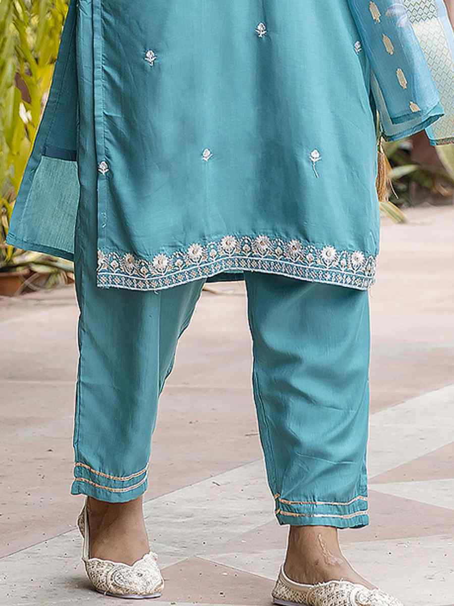 Blue Viscose Roman Silk Embroidery Party Wedding Festival Casual Ready Pant Salwar Kameez