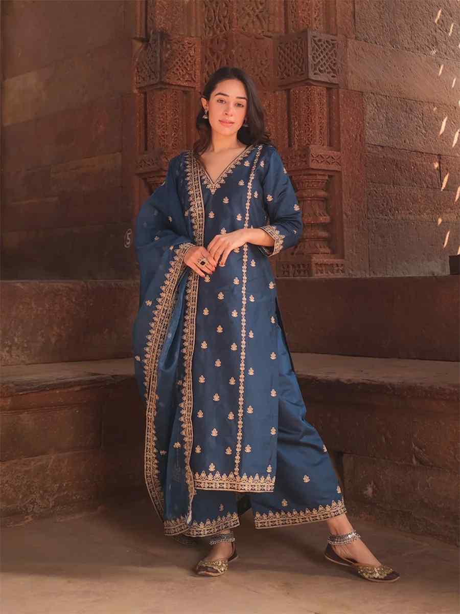 Blue Viscose silk Embroidered Party Wedding Ready Palazzo Pant Salwar Kameez
