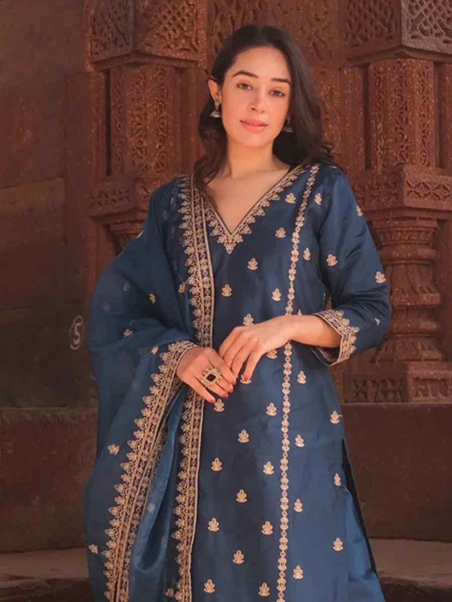 Blue Viscose silk Embroidered Party Wedding Ready Palazzo Pant Salwar Kameez