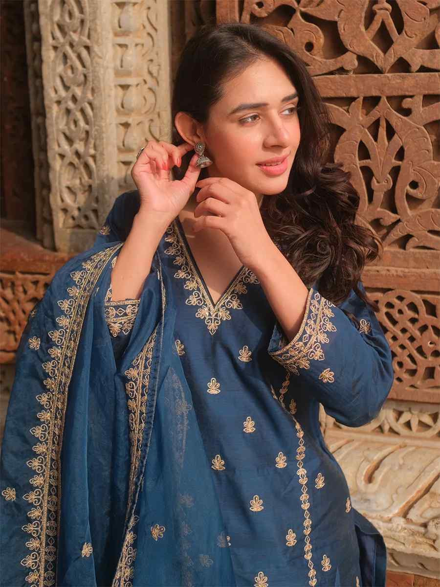 Blue Viscose silk Embroidered Party Wedding Ready Palazzo Pant Salwar Kameez
