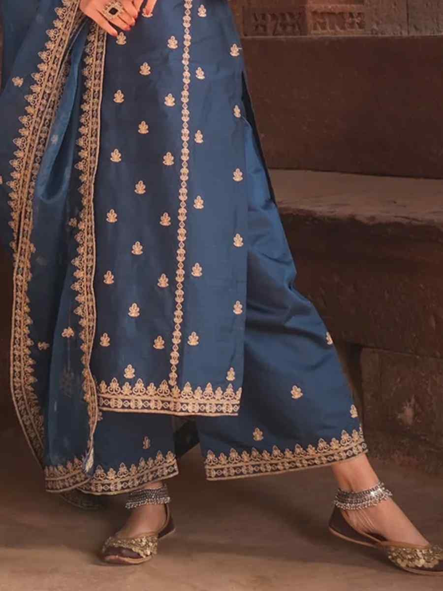 Blue Viscose silk Embroidered Party Wedding Ready Palazzo Pant Salwar Kameez