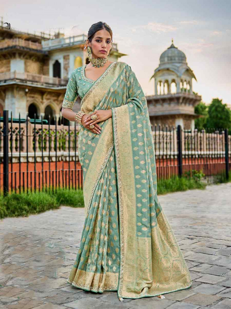 Image of Blue Viscose Tissue Embroidery Traditional Casual Reception Festival Wedding Fancy Heavy Border Saree