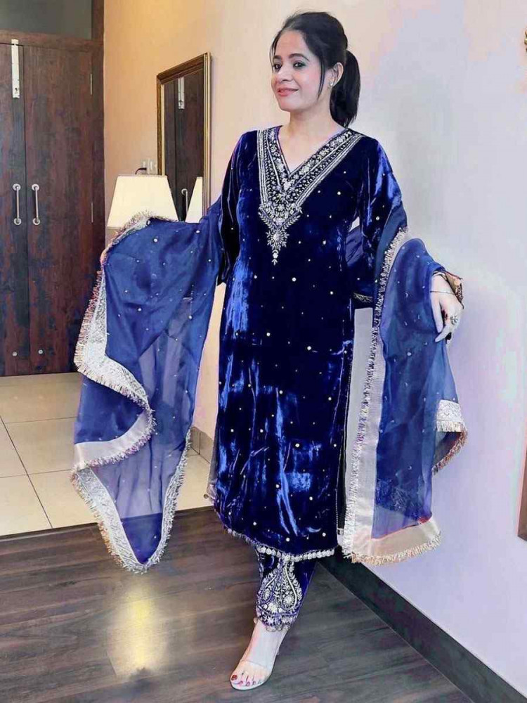 Image of Blue Viscose Velvet Embroidery Party Wedding Festival Casual Ready Pant Salwar Kameez