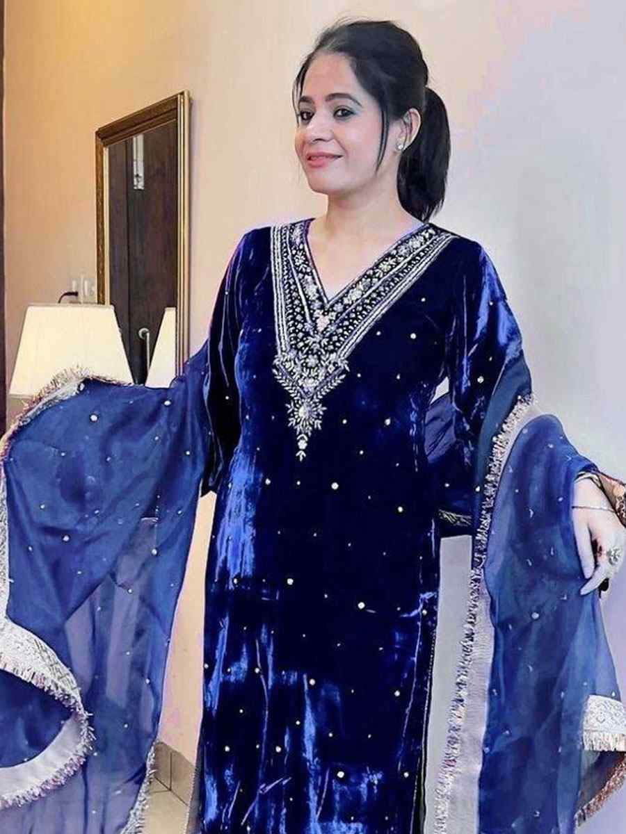 Blue Viscose Velvet Embroidery Party Wedding Festival Casual Ready Pant Salwar Kameez