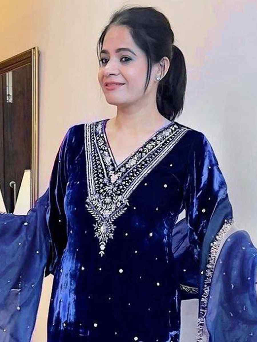 Blue Viscose Velvet Embroidery Party Wedding Festival Casual Ready Pant Salwar Kameez