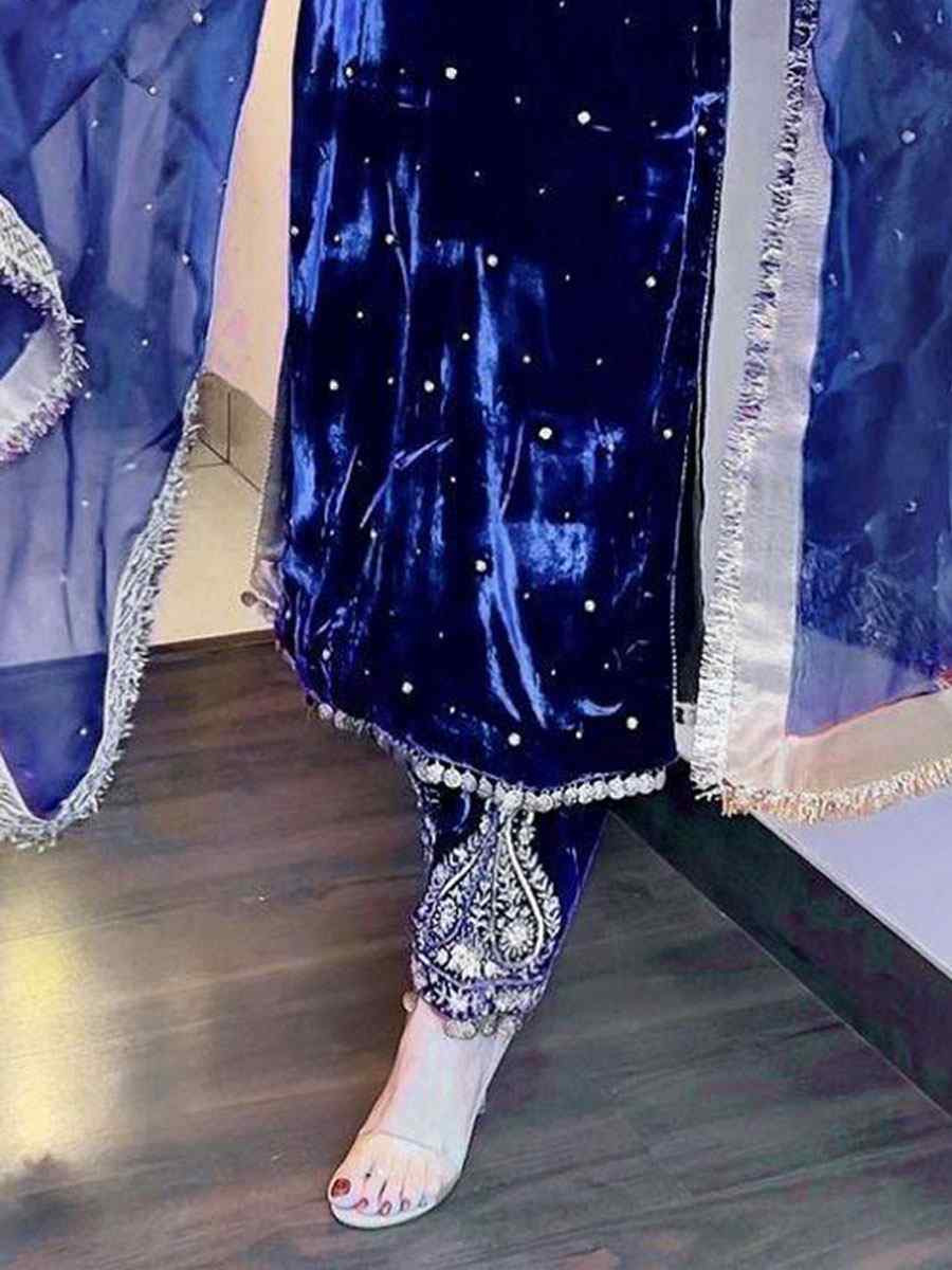 Blue Viscose Velvet Embroidery Party Wedding Festival Casual Ready Pant Salwar Kameez