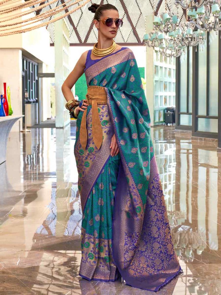 Blue Weaving Silk Handwoven Wedding Festival Heavy Border Saree