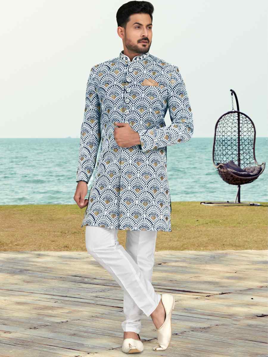 Blue White Banarasi Silk Embroidered Wedding Festival Sherwani