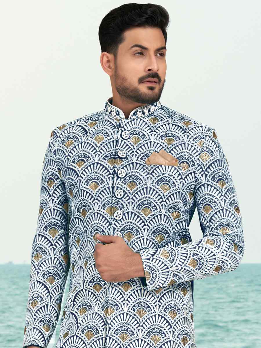 Blue White Banarasi Silk Embroidered Wedding Festival Sherwani