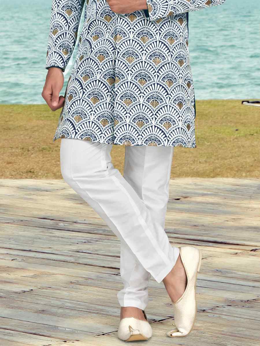 Blue White Banarasi Silk Embroidered Wedding Festival Sherwani