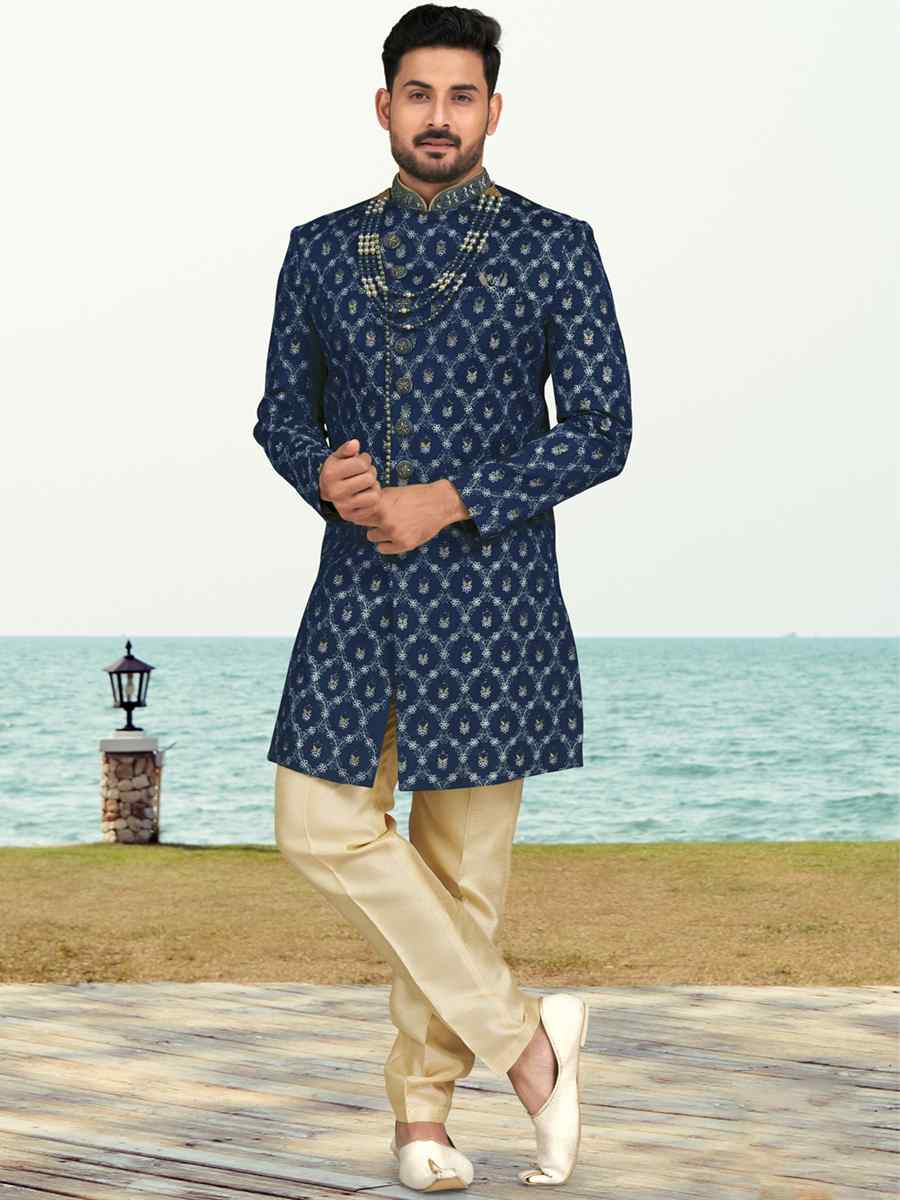 Blue White Banarasi Silk Embroidered Wedding Festival Sherwani