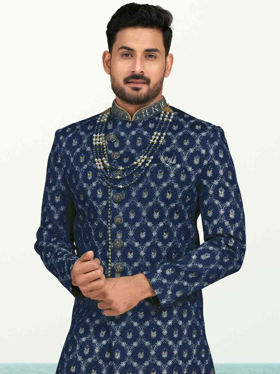 Blue White Banarasi Silk Embroidered Wedding Festival Sherwani