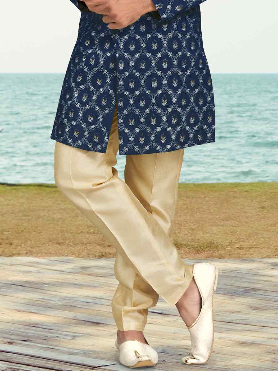 Blue White Banarasi Silk Embroidered Wedding Festival Sherwani