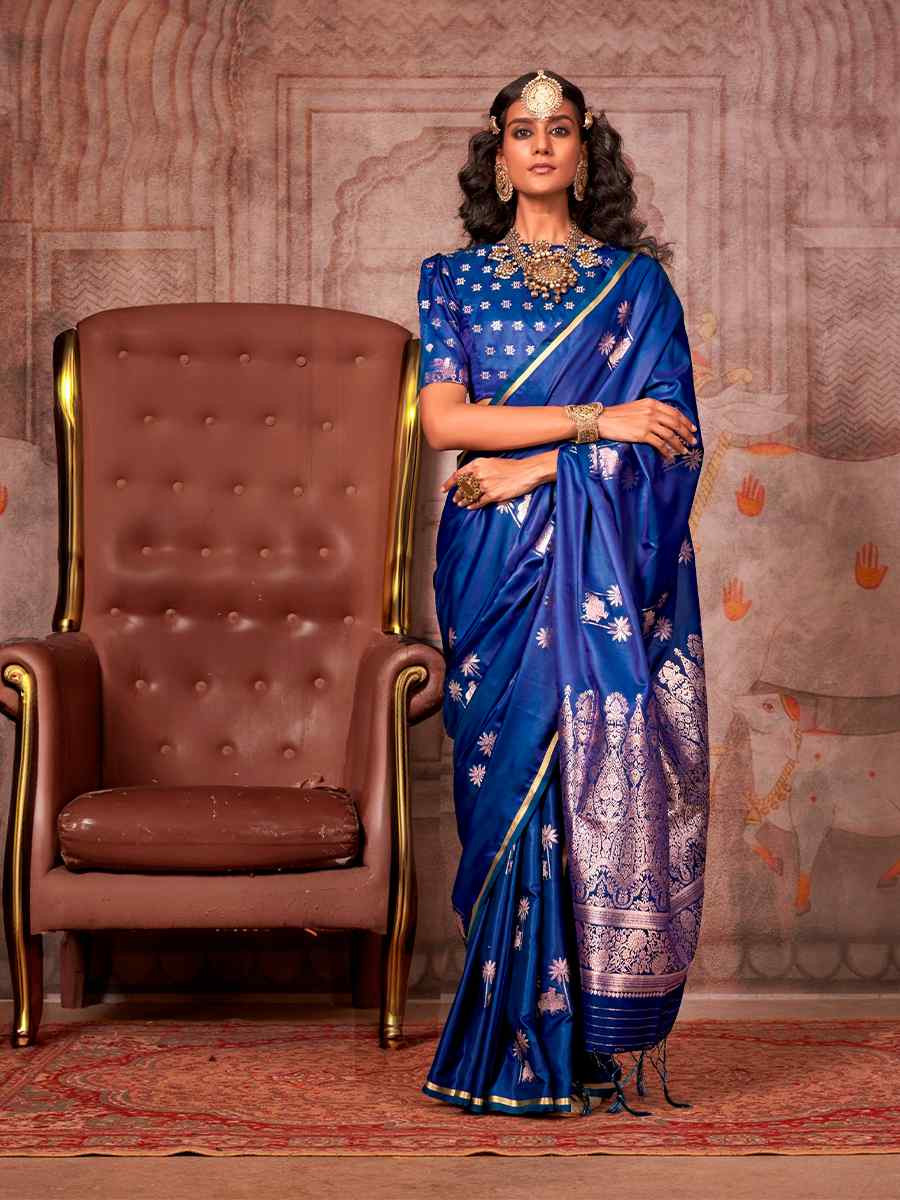 Blue Zari Tissue Handwoven Festival Wedding Heavy Border Saree