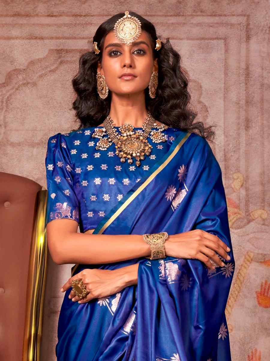 Blue Zari Tissue Handwoven Festival Wedding Heavy Border Saree