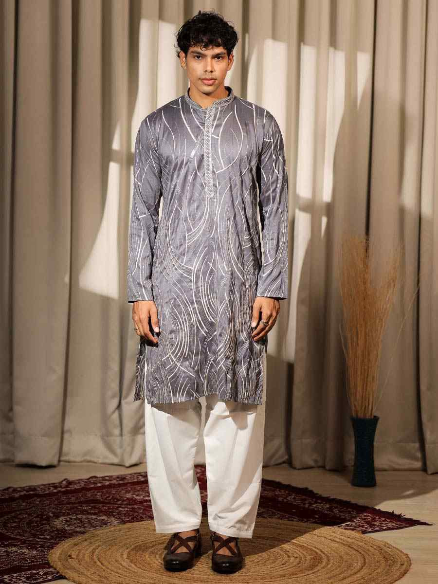 Bluish Grey Viscose  Embroidered Festival Casual Kurta