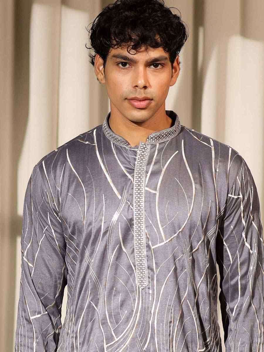 Bluish Grey Viscose  Embroidered Festival Casual Kurta