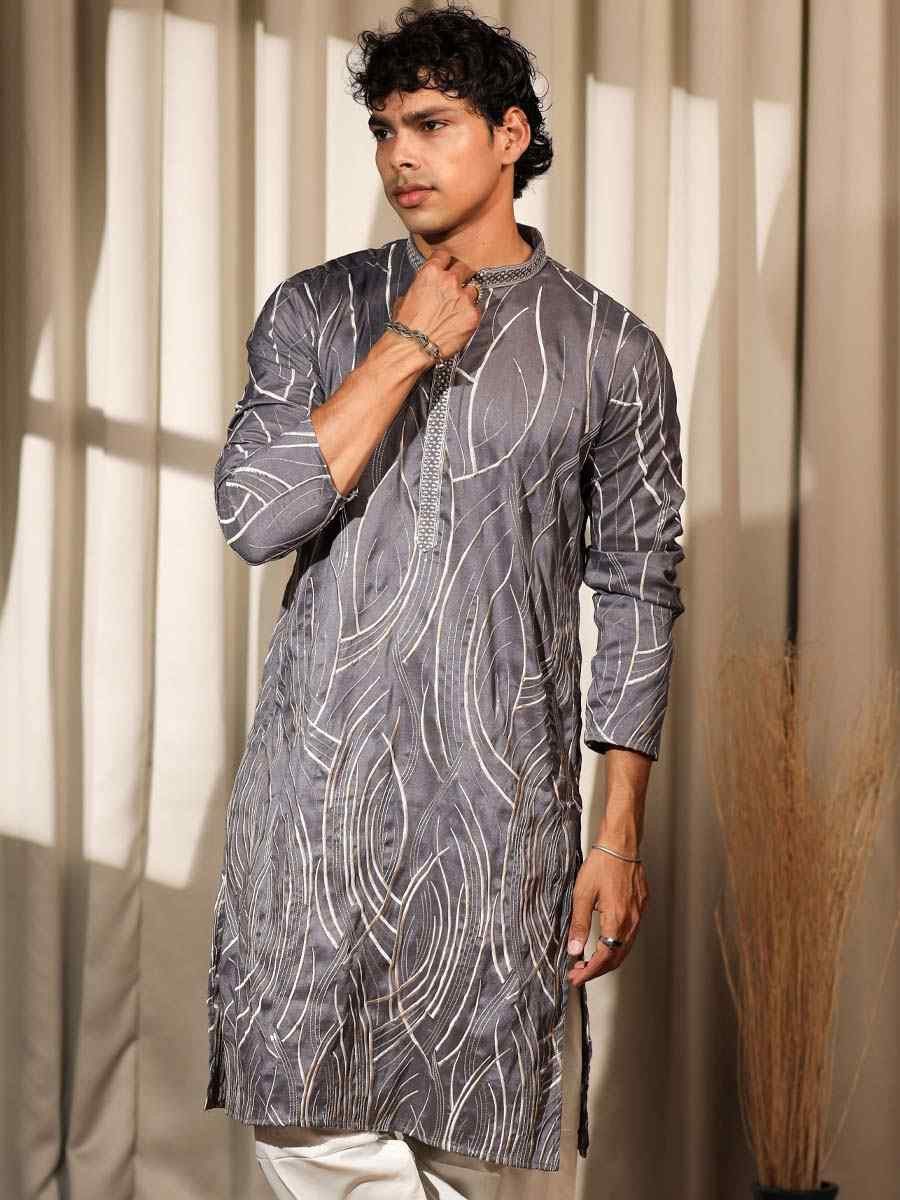 Bluish Grey Viscose  Embroidered Festival Casual Kurta