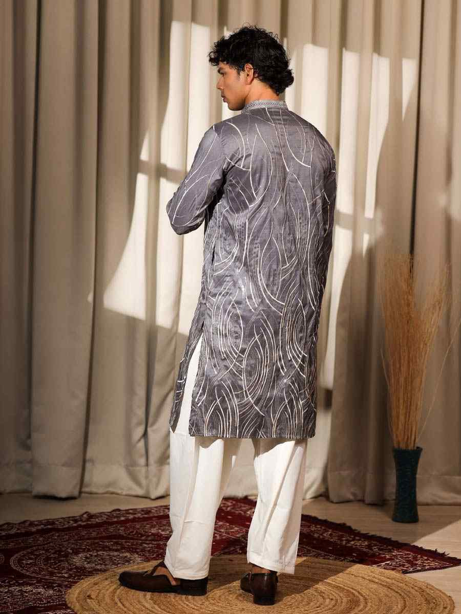 Bluish Grey Viscose  Embroidered Festival Casual Kurta