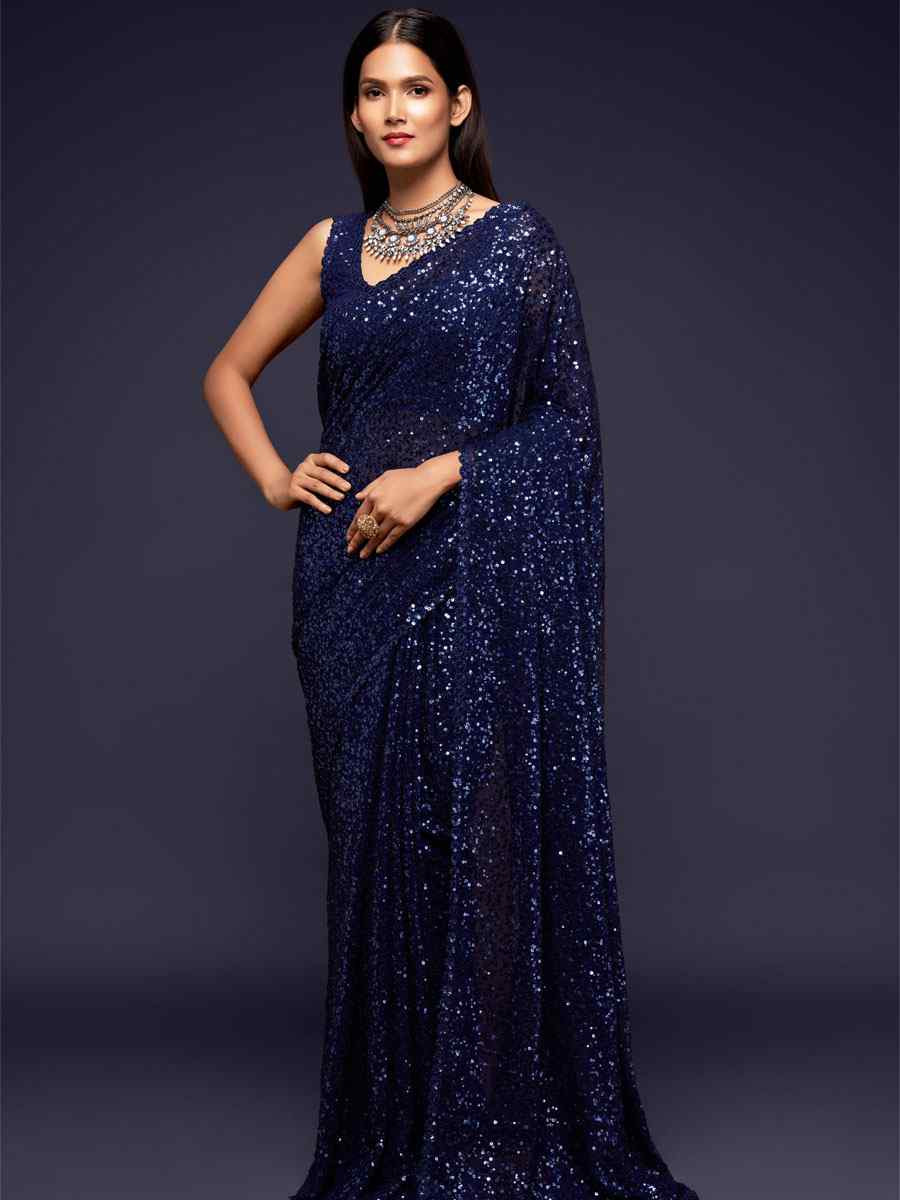 Blush Blue Georgette Embroidery Festival Wedding Fancy Heavy Border Saree
