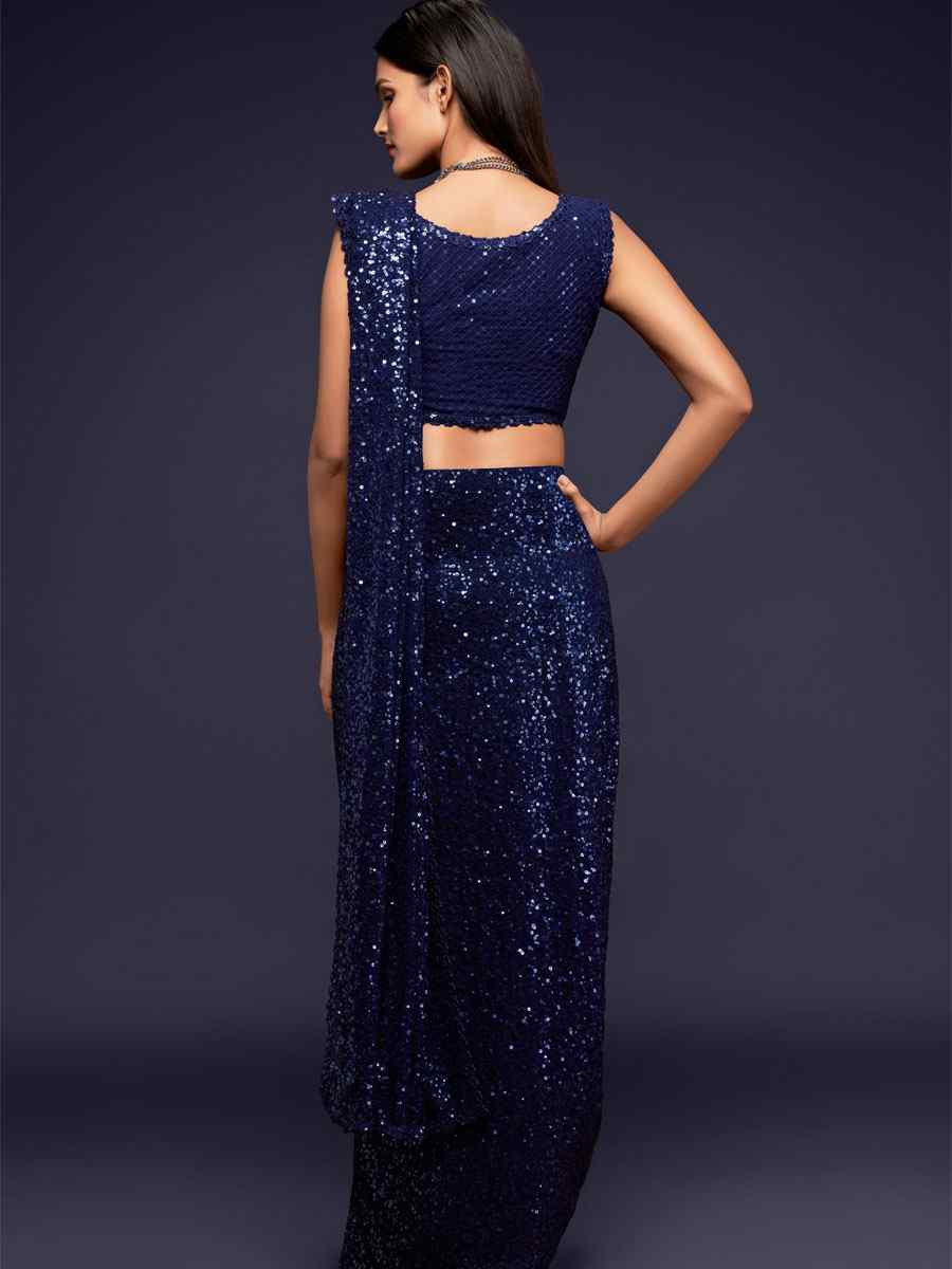 Blush Blue Georgette Embroidery Festival Wedding Fancy Heavy Border Saree