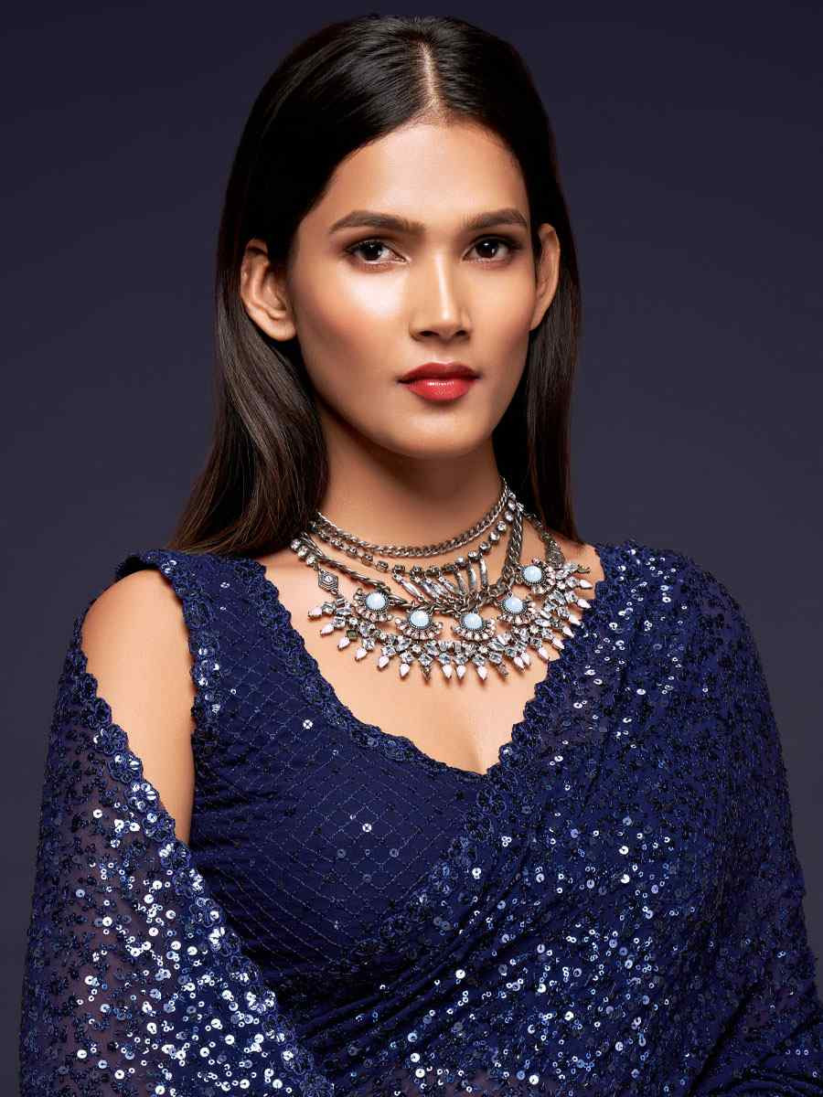 Blush Blue Georgette Embroidery Festival Wedding Fancy Heavy Border Saree