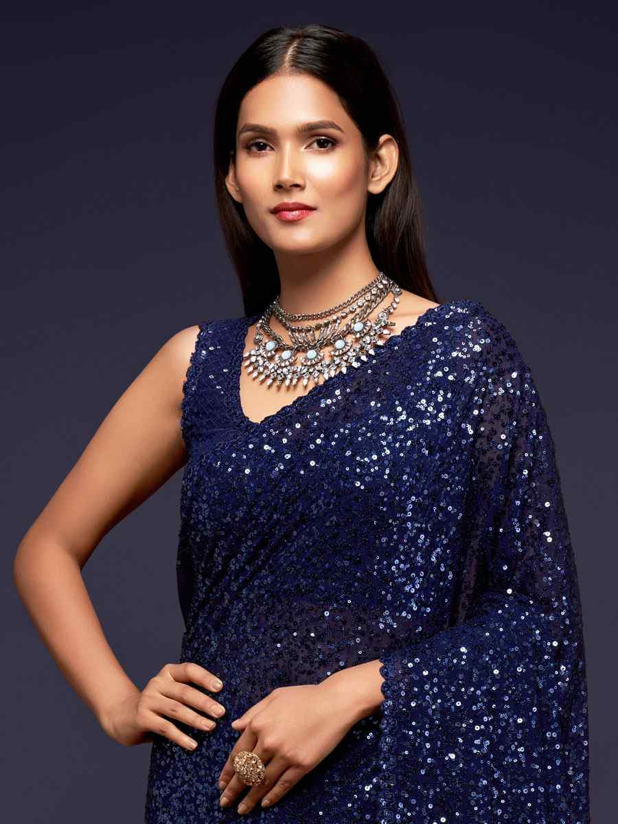 Blush Blue Georgette Embroidery Festival Wedding Fancy Heavy Border Saree