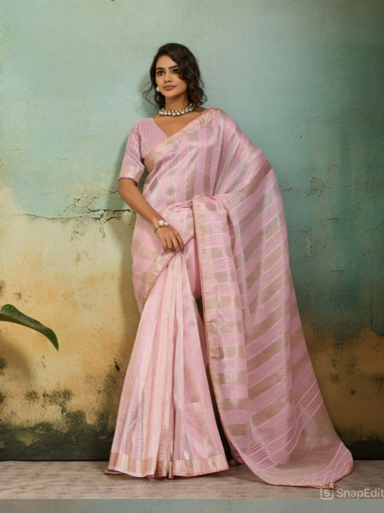 Image of Blush Cotton Silk Plain Wedding Party Festival Casual Reception Classic Style Sarees