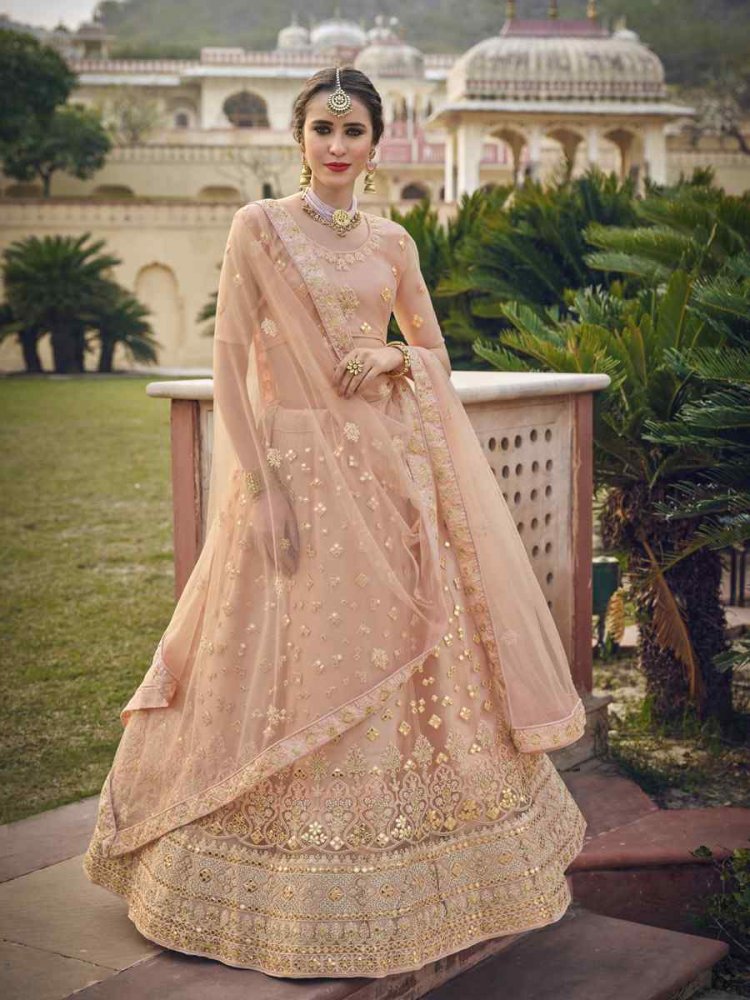 Blush Net Embroidered Wedding Bridesmaid Heavy Border Lehenga Choli