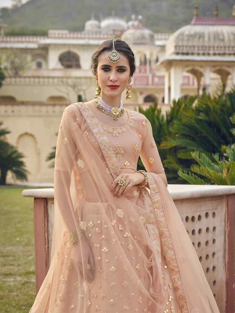 Blush Net Embroidered Wedding Bridesmaid Heavy Border Lehenga Choli