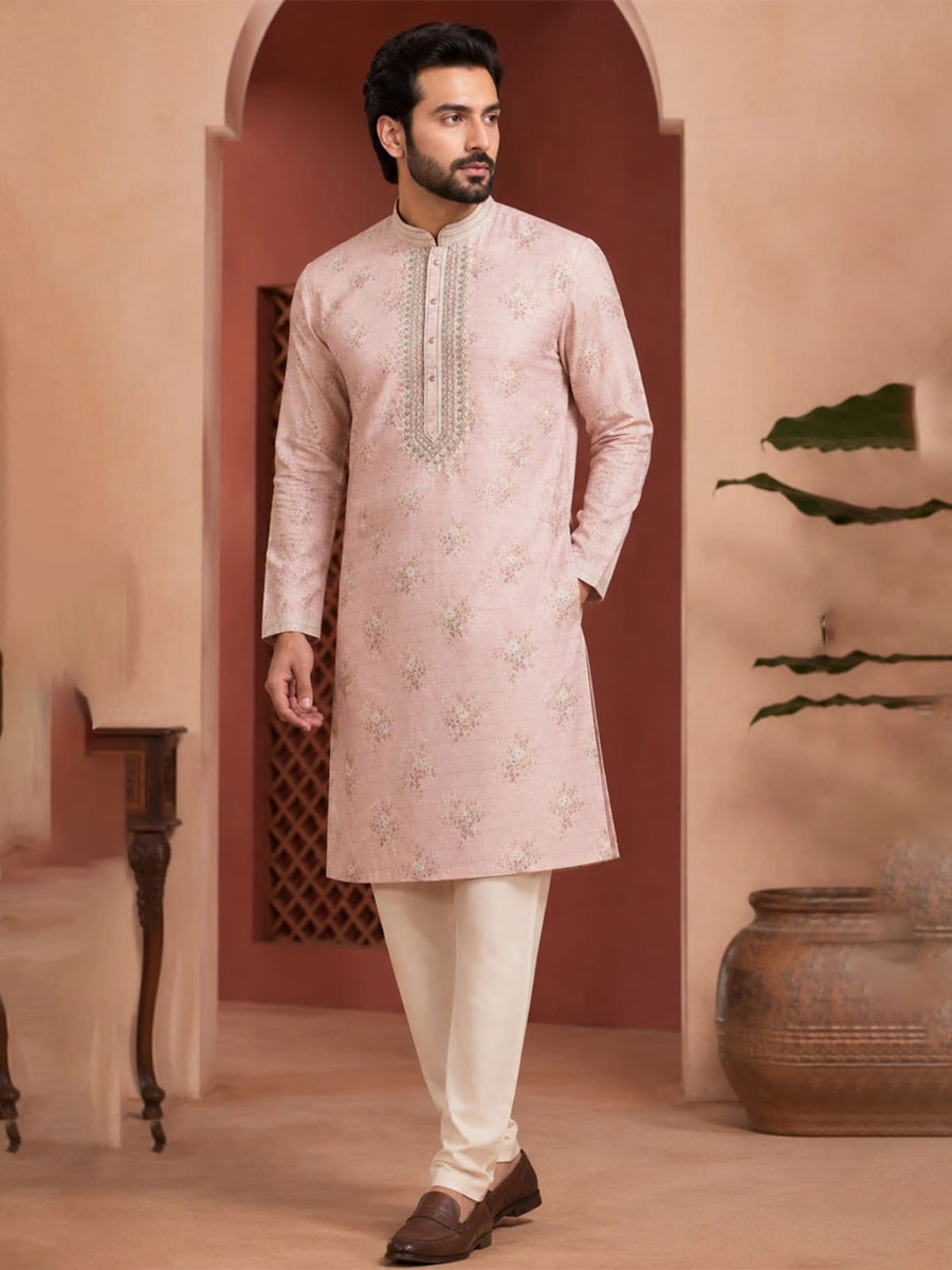 Blush Pink Art Silk Embroidery Printed Wedding Party Festival Casual Mens Wear Kurta