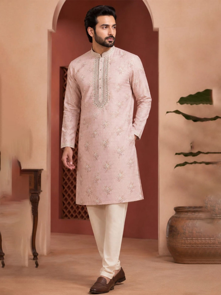 Image of Blush Pink Art Silk Embroidery Printed Wedding Party Festival Casual Mens Wear Kurta