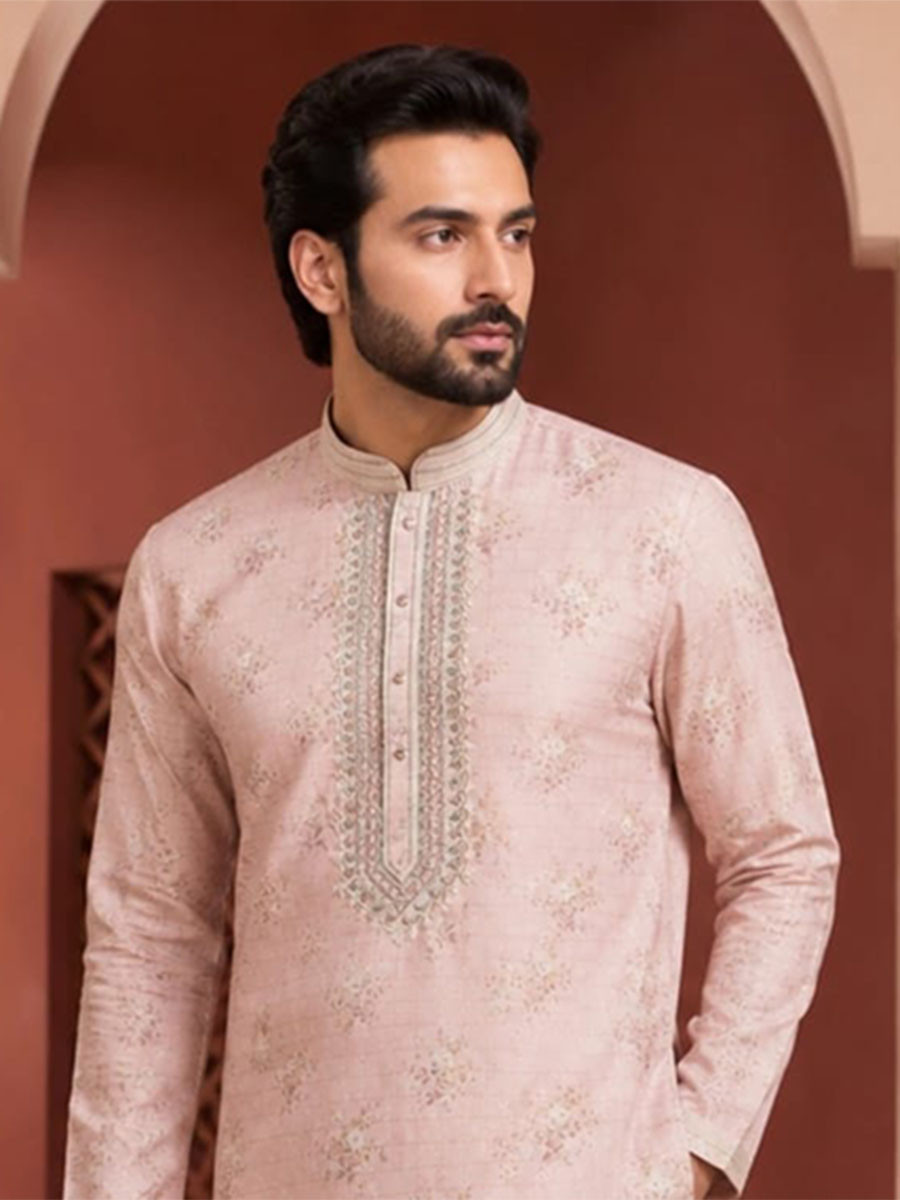 Blush Pink Art Silk Embroidery Printed Wedding Party Festival Casual Mens Wear Kurta