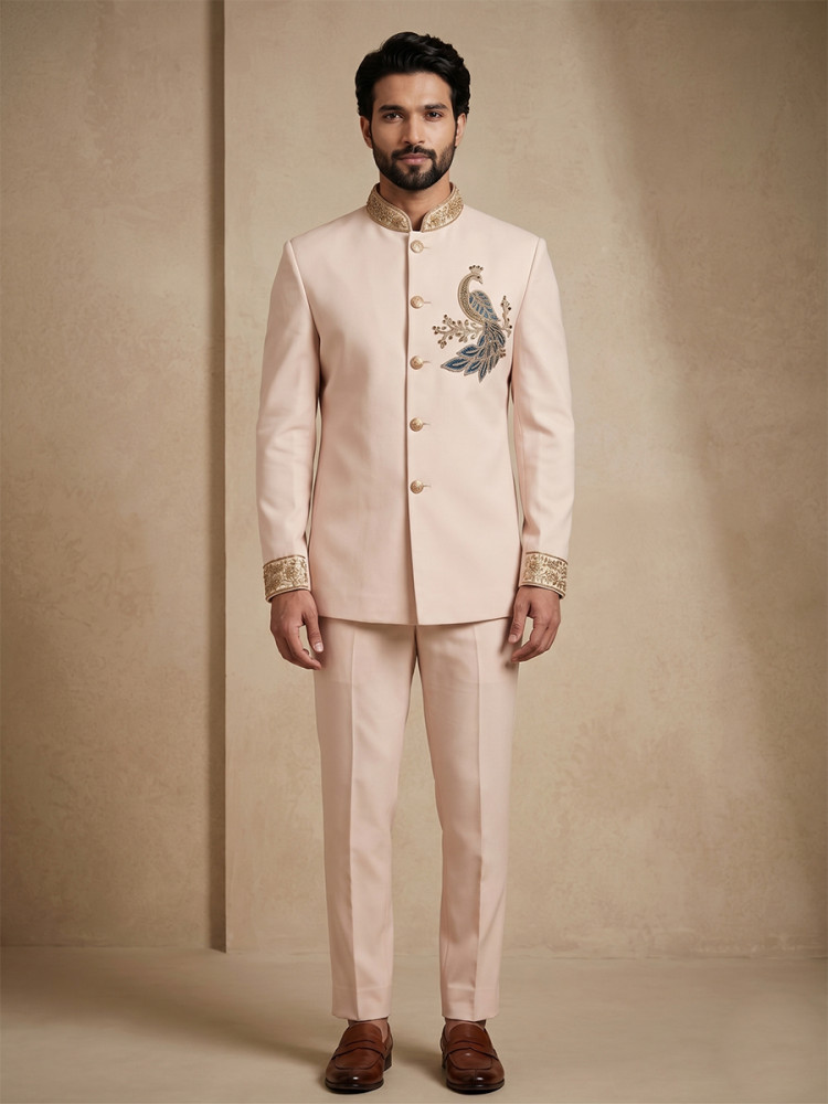 Image of Blush Pink Doniar Satin Embroidery Wedding Party Festival Casual Groom Ready jodhpuri suit