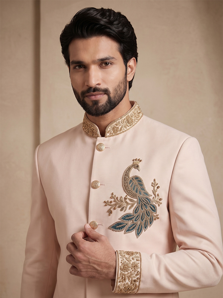 Blush Pink Doniar Satin Embroidery Wedding Party Festival Casual Groom Ready jodhpuri suit