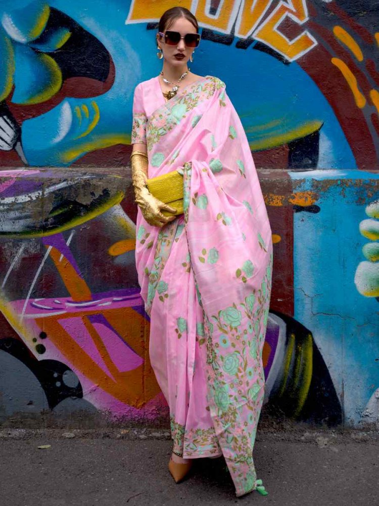 Blush Pink Parsi Silk Handwoven Party Festival Classic Style Saree