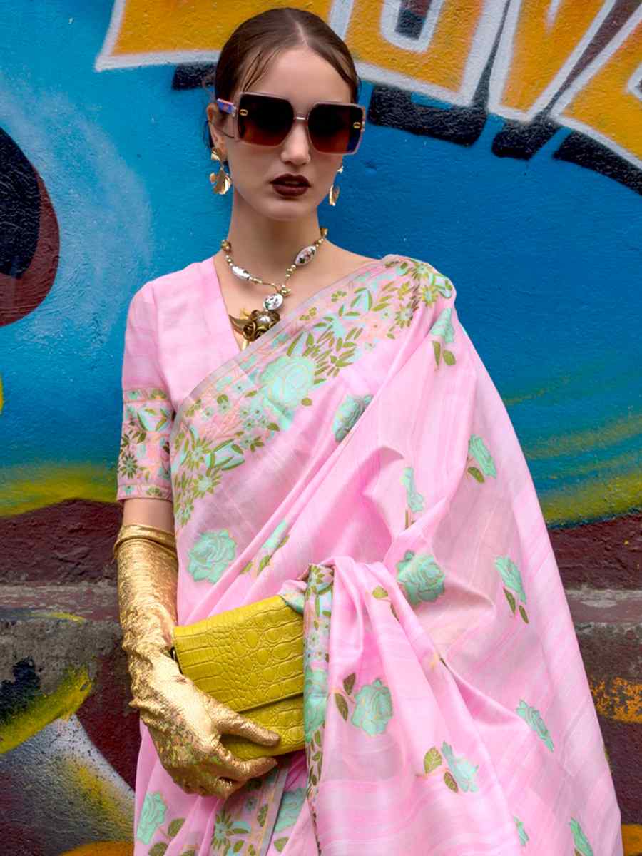 Blush Pink Parsi Silk Handwoven Party Festival Classic Style Saree