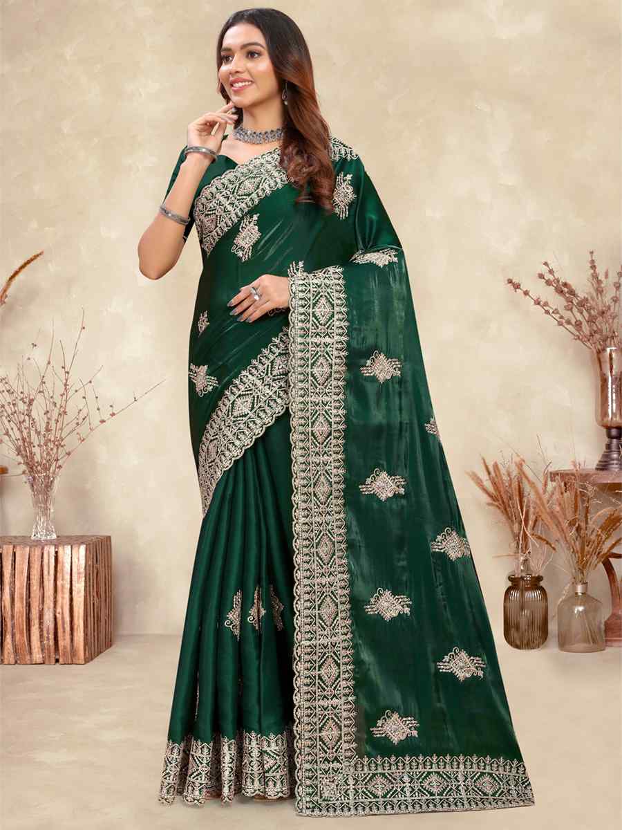 Botel Green Crepe Silk Embroidered Bridesmaid Wedding Heavy Border Saree