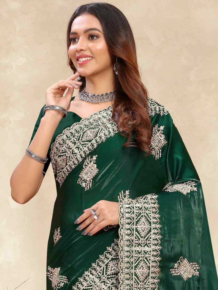 Botel Green Crepe Silk Embroidered Bridesmaid Wedding Heavy Border Saree