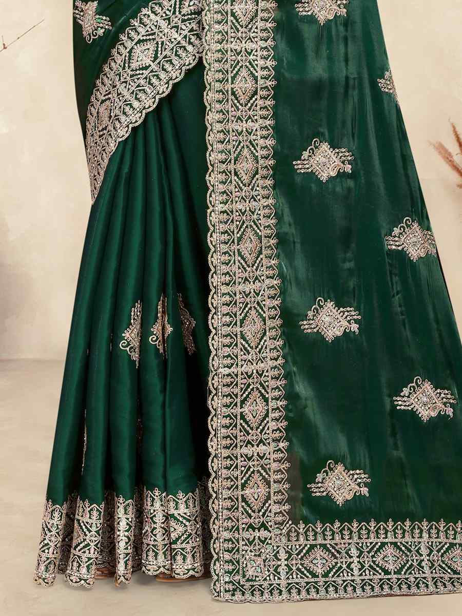 Botel Green Crepe Silk Embroidered Bridesmaid Wedding Heavy Border Saree