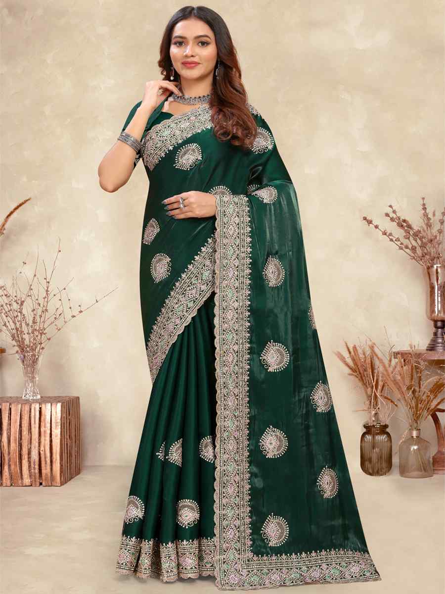 Botel Green Crepe Silk Embroidered Bridesmaid Wedding Heavy Border Saree