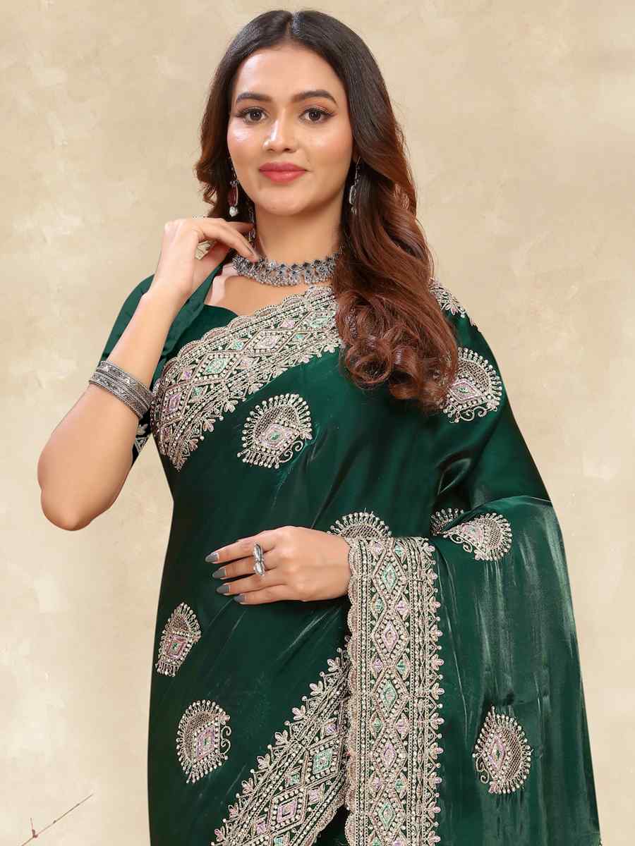 Botel Green Crepe Silk Embroidered Bridesmaid Wedding Heavy Border Saree