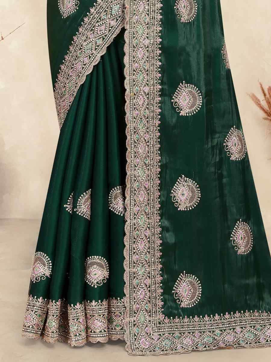 Botel Green Crepe Silk Embroidered Bridesmaid Wedding Heavy Border Saree