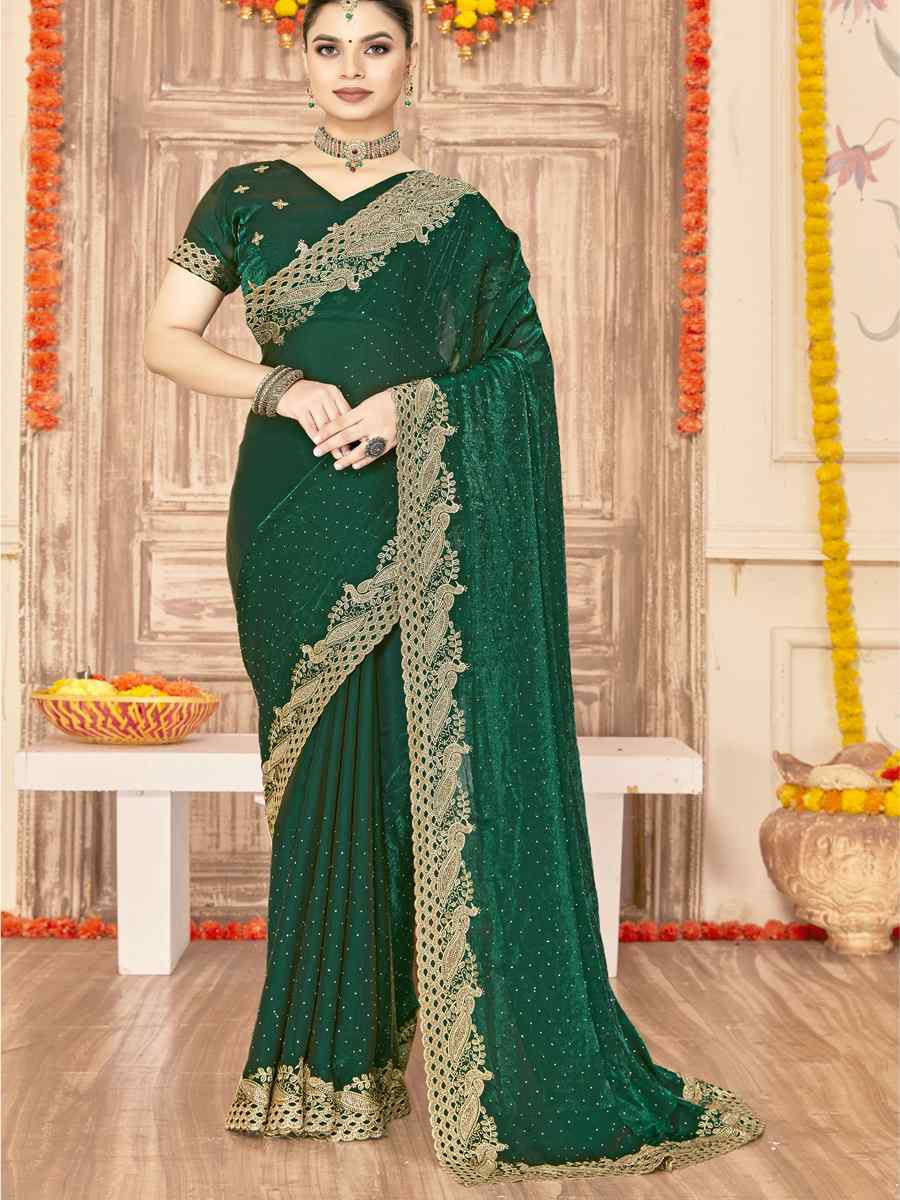 Botel Green Silk Embroidery Traditional Bridal Reception Festival Wedding Fancy Heavy Border Saree