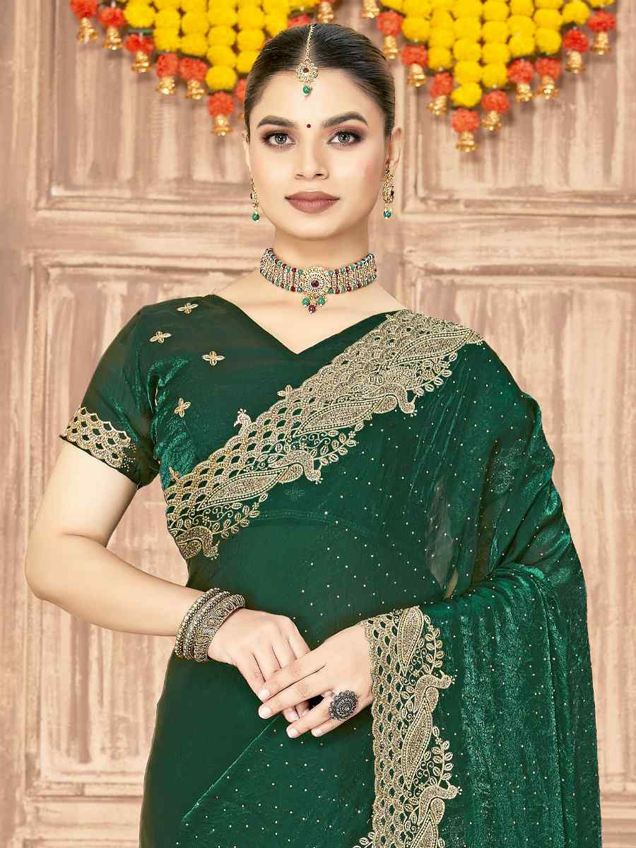 Botel Green Silk Embroidery Traditional Bridal Reception Festival Wedding Fancy Heavy Border Saree