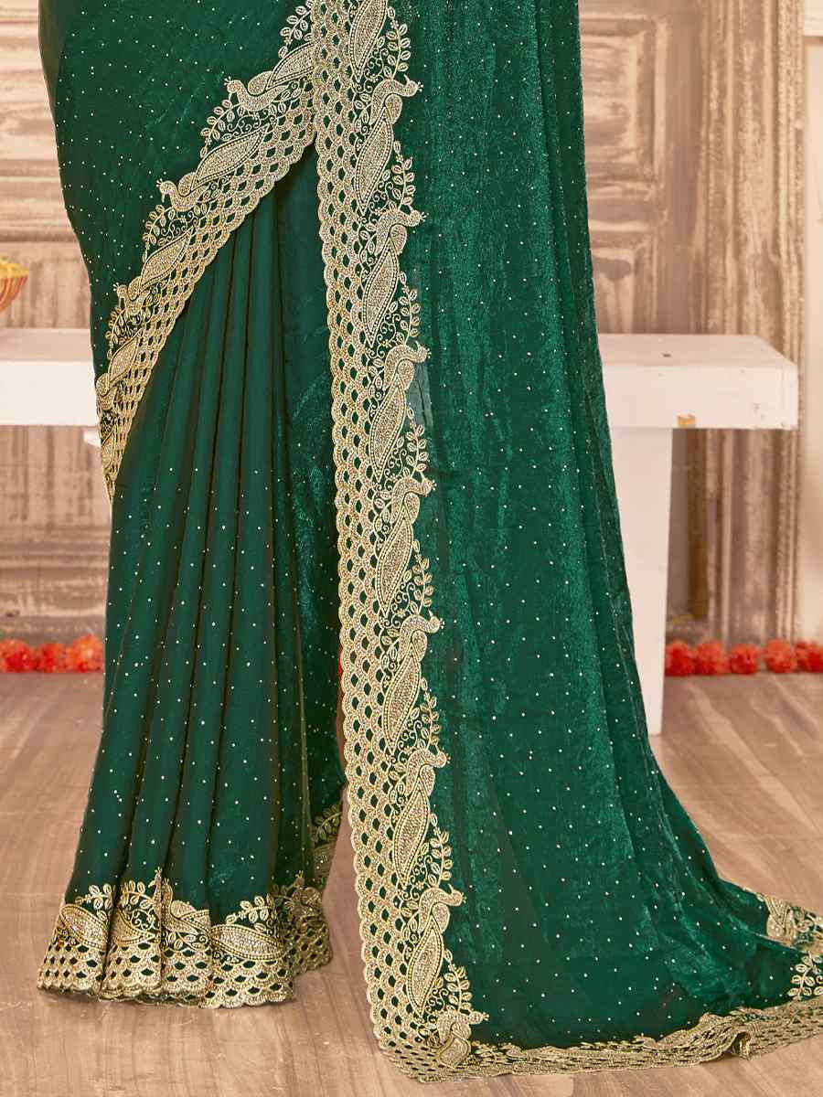 Botel Green Silk Embroidery Traditional Bridal Reception Festival Wedding Fancy Heavy Border Saree