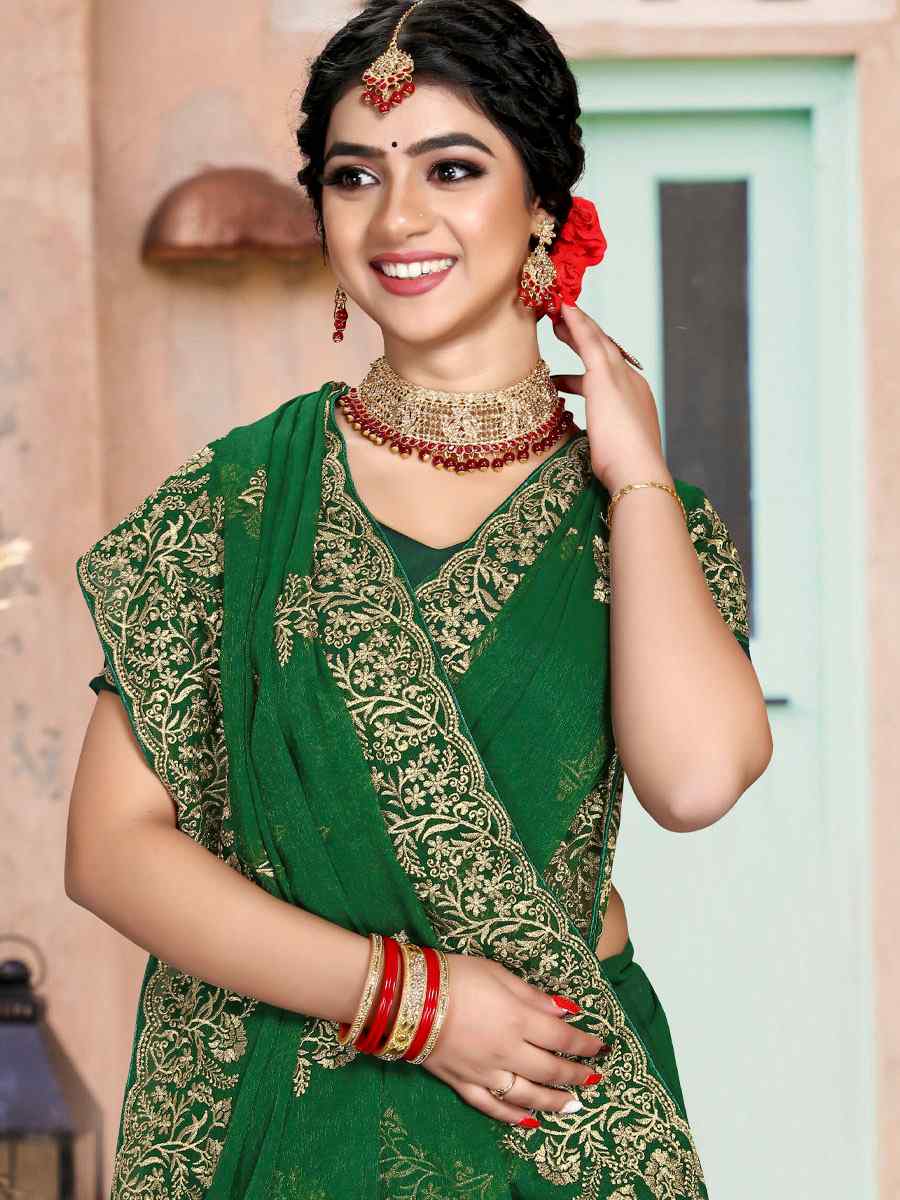 Botel Green Silk Simmer Embroidered Wedding Festival Heavy Border Saree