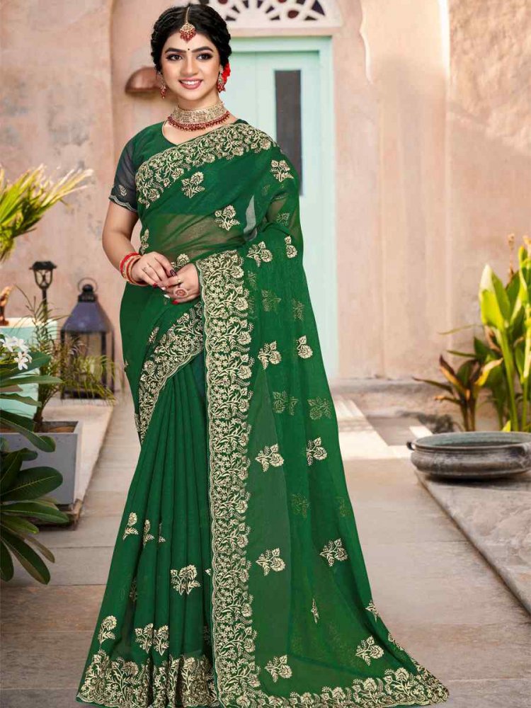 Botel Green Silk Simmer Embroidered Wedding Festival Heavy Border Saree