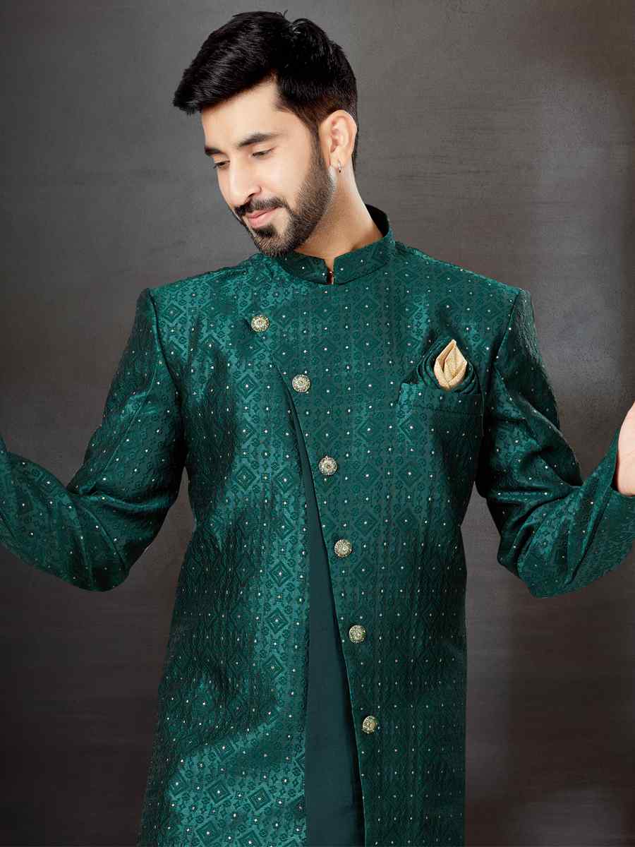 Bottal Green Banarasi Jacquard Silk Dupion Embroidered Festival Wedding Sherwani